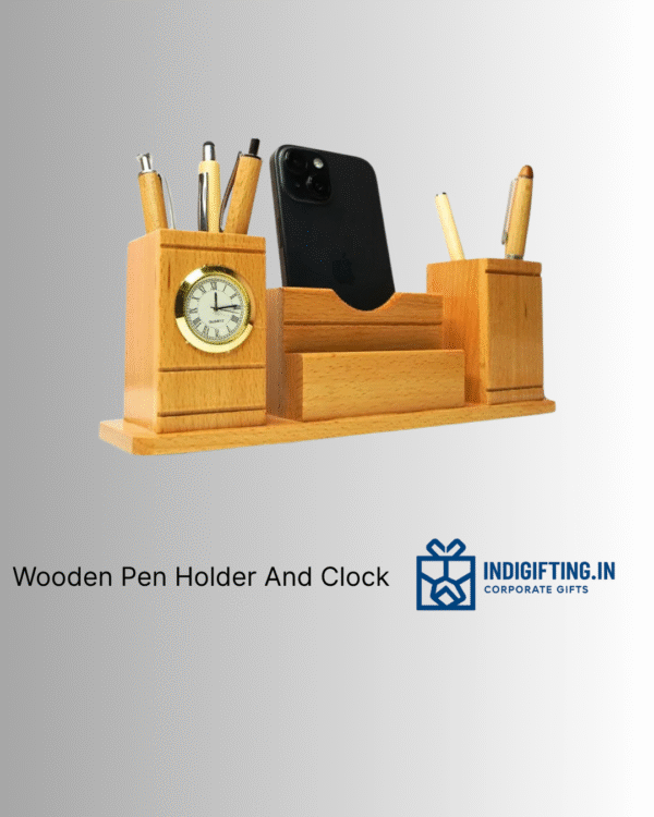 Wooden Pen Stand With Card Holder And Clock